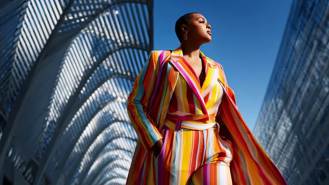 A vibrant fashion statement featuring a confident individual dressed in a bold striped ensemble, radiating style and empowerment against a modern architectural backdrop under a clear blue sky