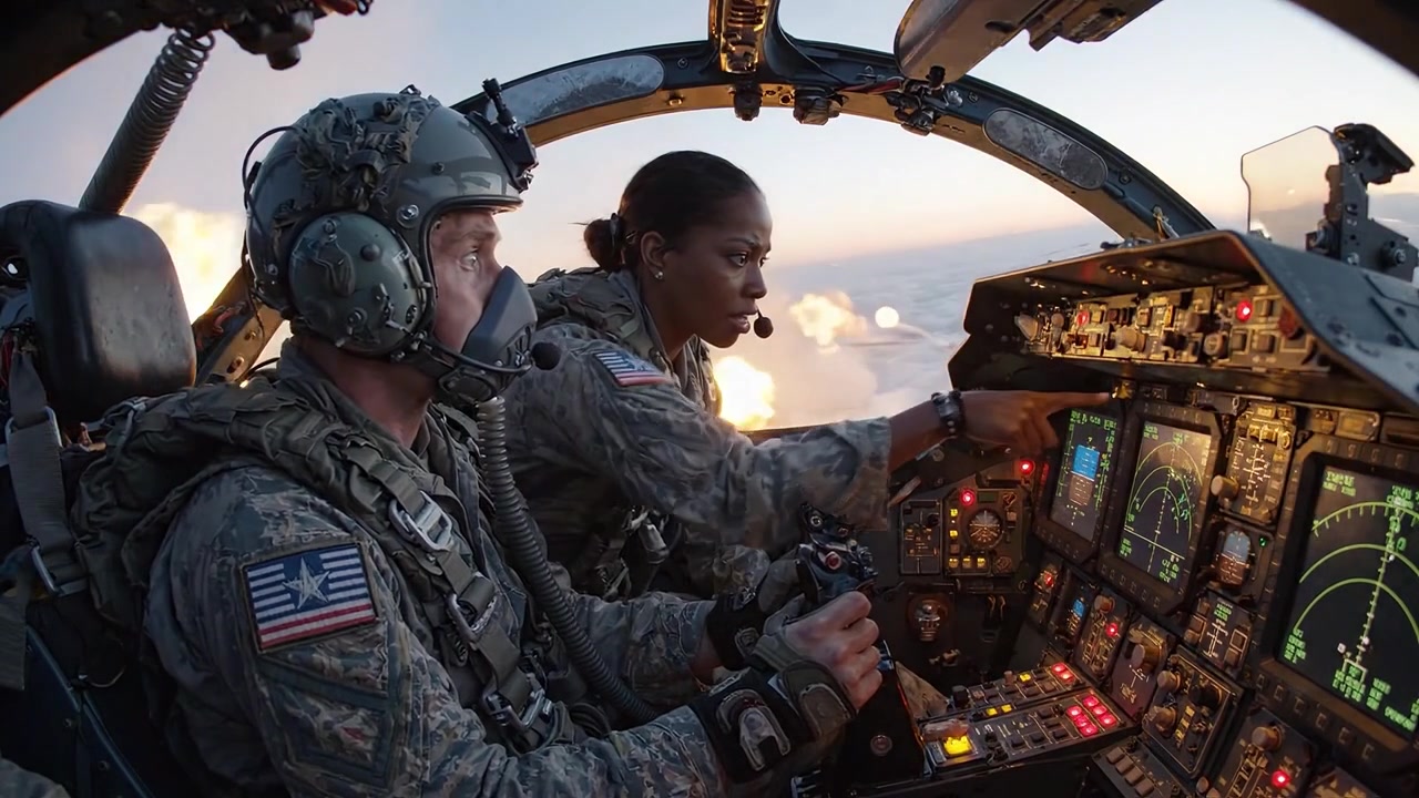 Inside the Cockpit: Two Military Pilots at the Controls During a Mission, Focused and Coordinated Amidst the Stunning Horizon at Dusk