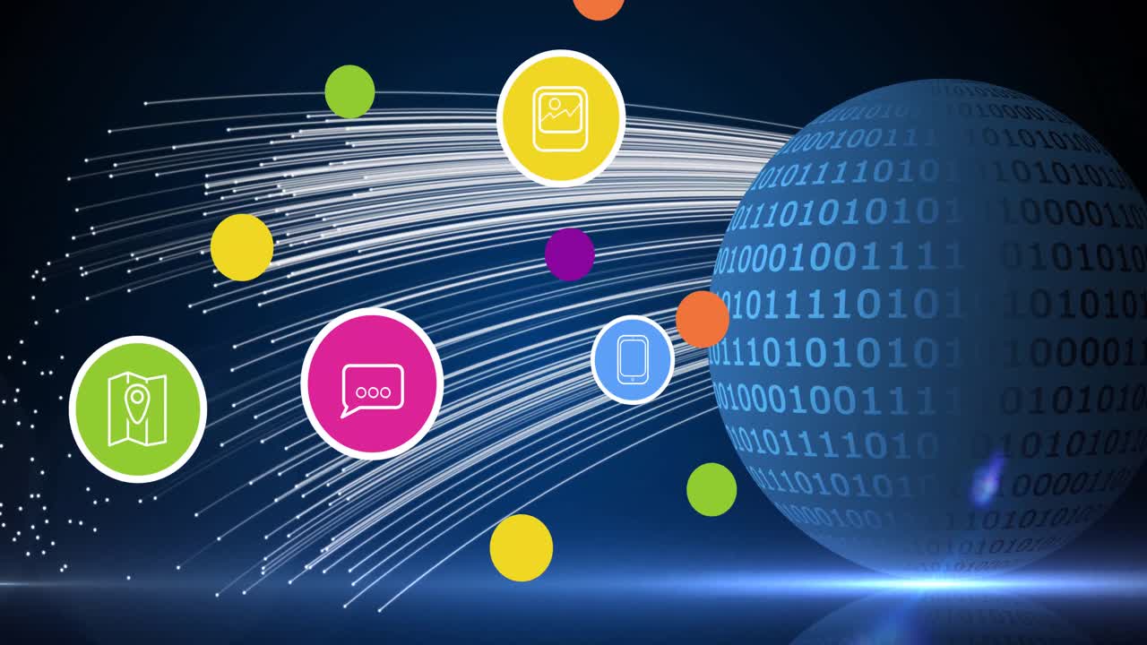 Animation of digital icons over globe in background