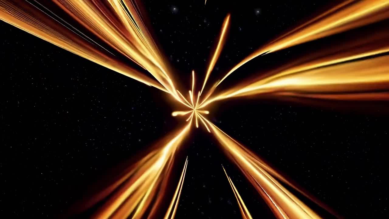 Dynamic video of golden light streaks converging at a central point against a starry backdrop