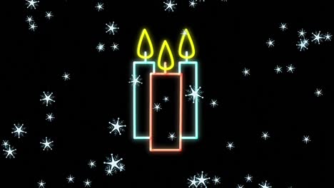 animación digital de múltiples estrellas brillantes que caen contra tres velas de neón sobre un fondo negro