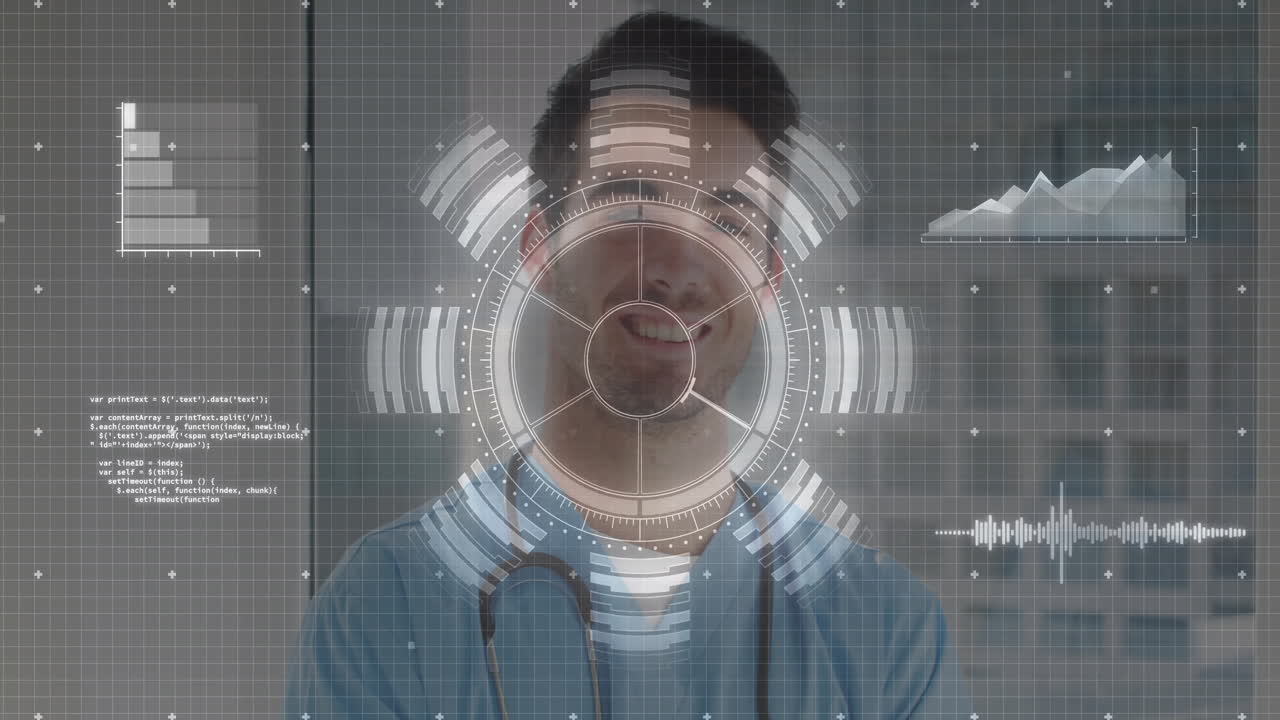 male doctor standing in medical clinic, displaying futuristic HUD with bar charts, line graph, code