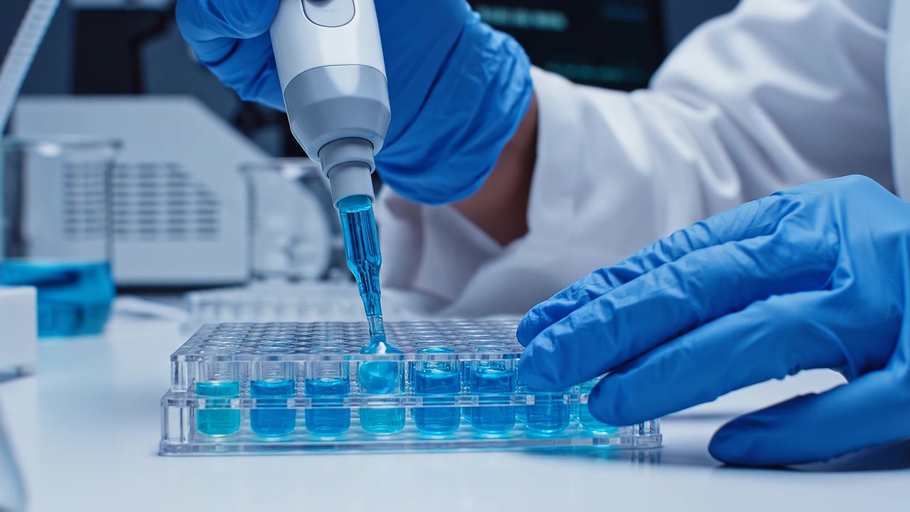 Researcher using pipette on multiwell plate in modern laboratory