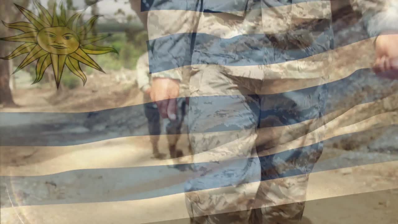 animación de la bandera de uruguay sobre varios soldados