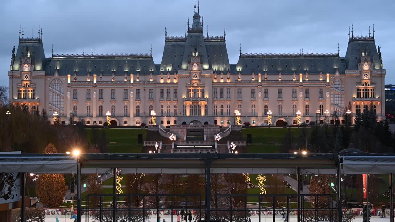 Iasi, Romania - December 18, 2020: View of the Palace of Culture in the evening