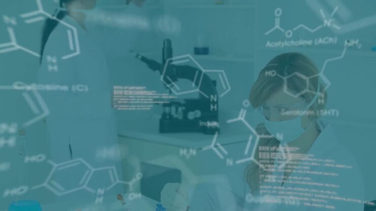 Animation of data processing and chemical formula over diverse scientists