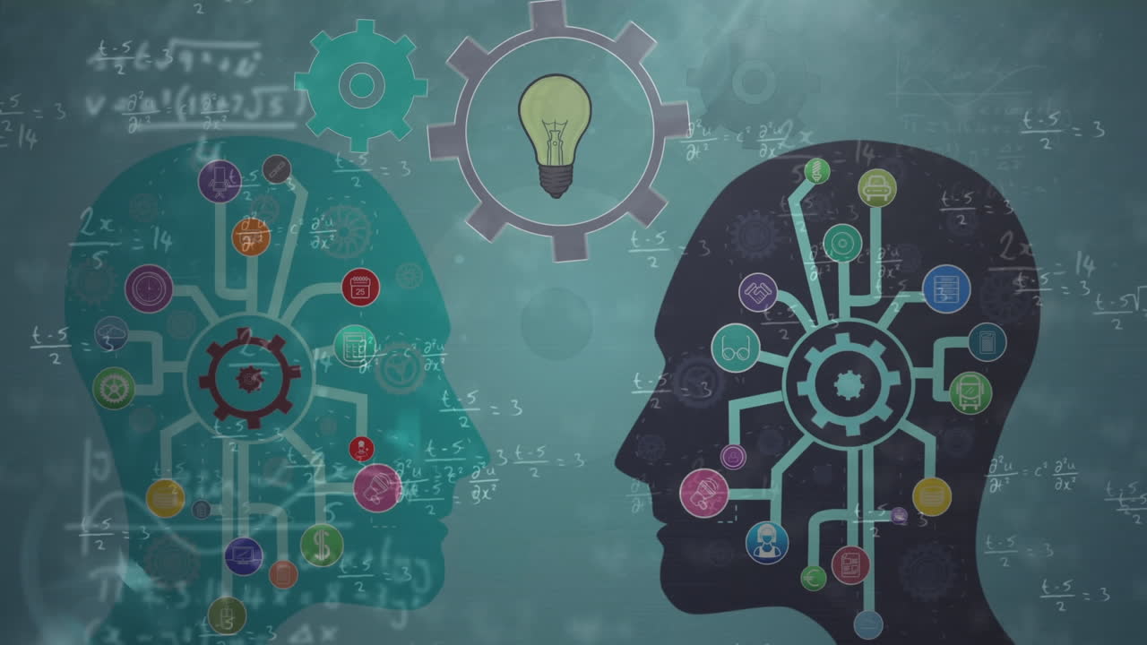 múltiples iconos digitales que comparten más de dos modelos de rostros humanos contra ecuaciones matemáticas flotantes