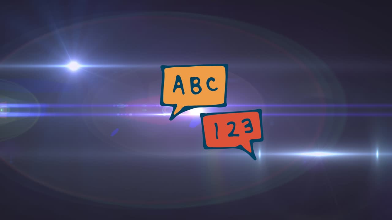 Animação de abc 123 sobre luzes em fundo azul-marinho.