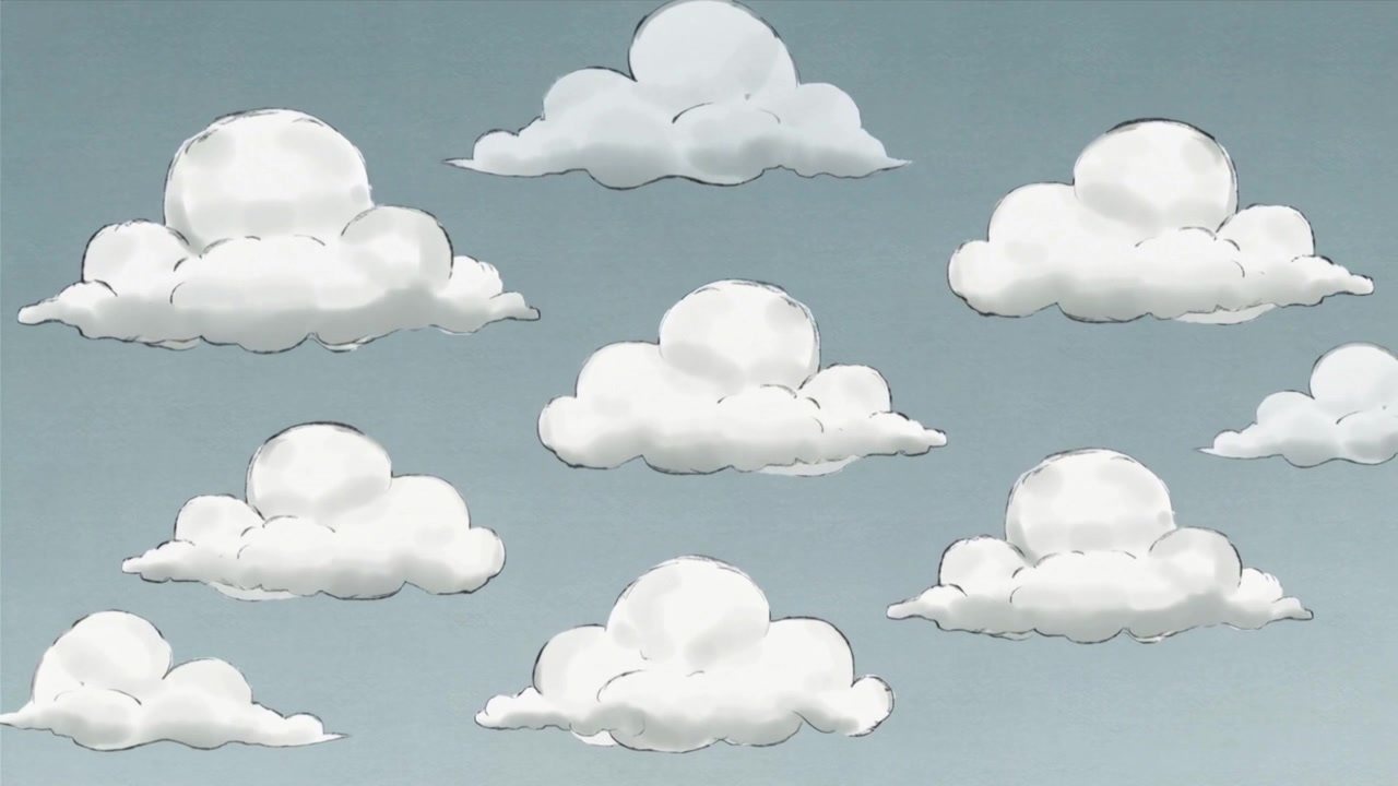 Animação em loop apresentando nove nuvens brancas de desenho animado flutuando sobre o céu azul-acinzentado, sugerindo vento.
