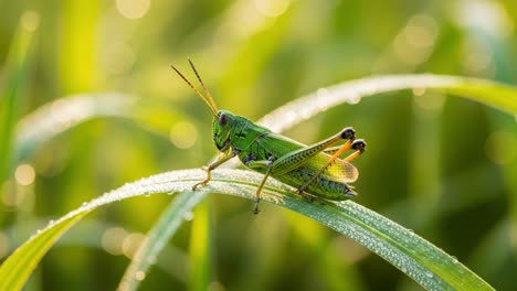 a close-up look at a vibrant grasshopper resting on dewy green grass, capturing the beauty and fragility of nature in a serene setting