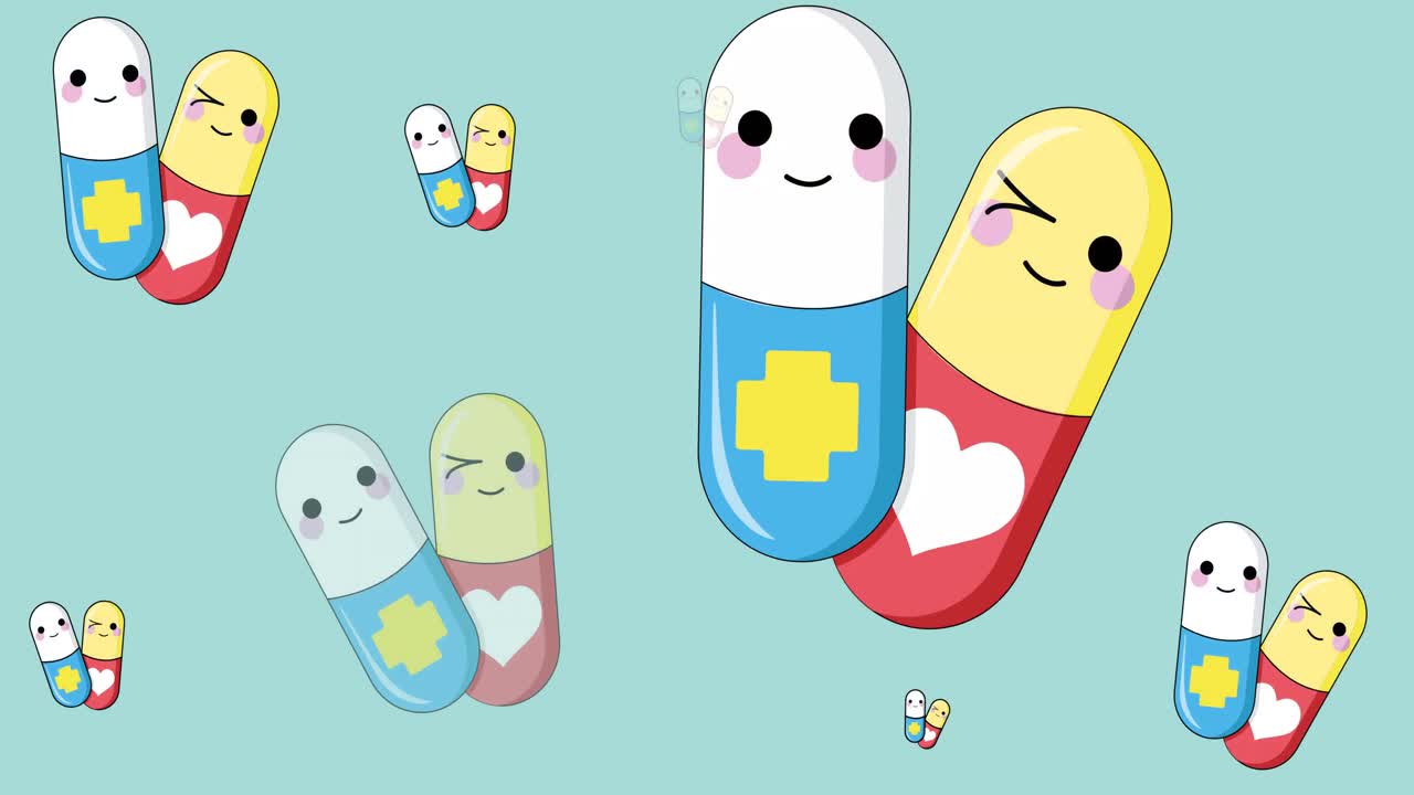 초록색 배경에 있는 알약 아이콘의 애니메이션