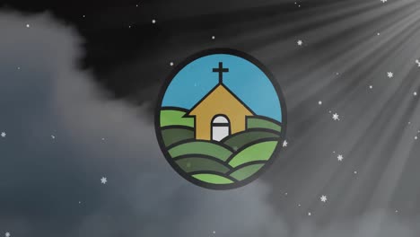 animation of chapel with christian cross in circle over snow falling and grey clouds