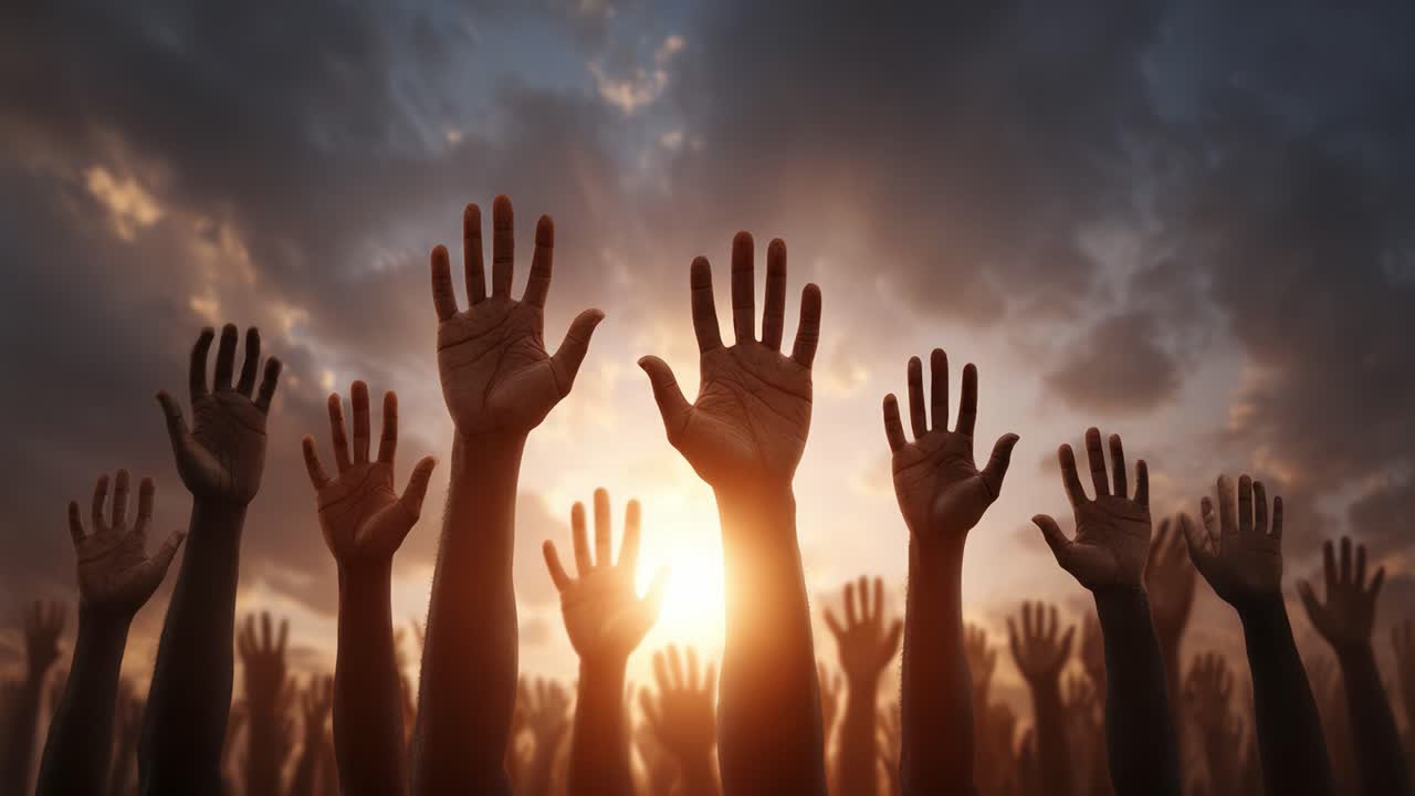 A Powerful Display of Unity and Hope as Hands Reach Upward Towards a Dazzling Sunset, Symbolizing Aspiration, Togetherness, and the Unyielding Human Spirit