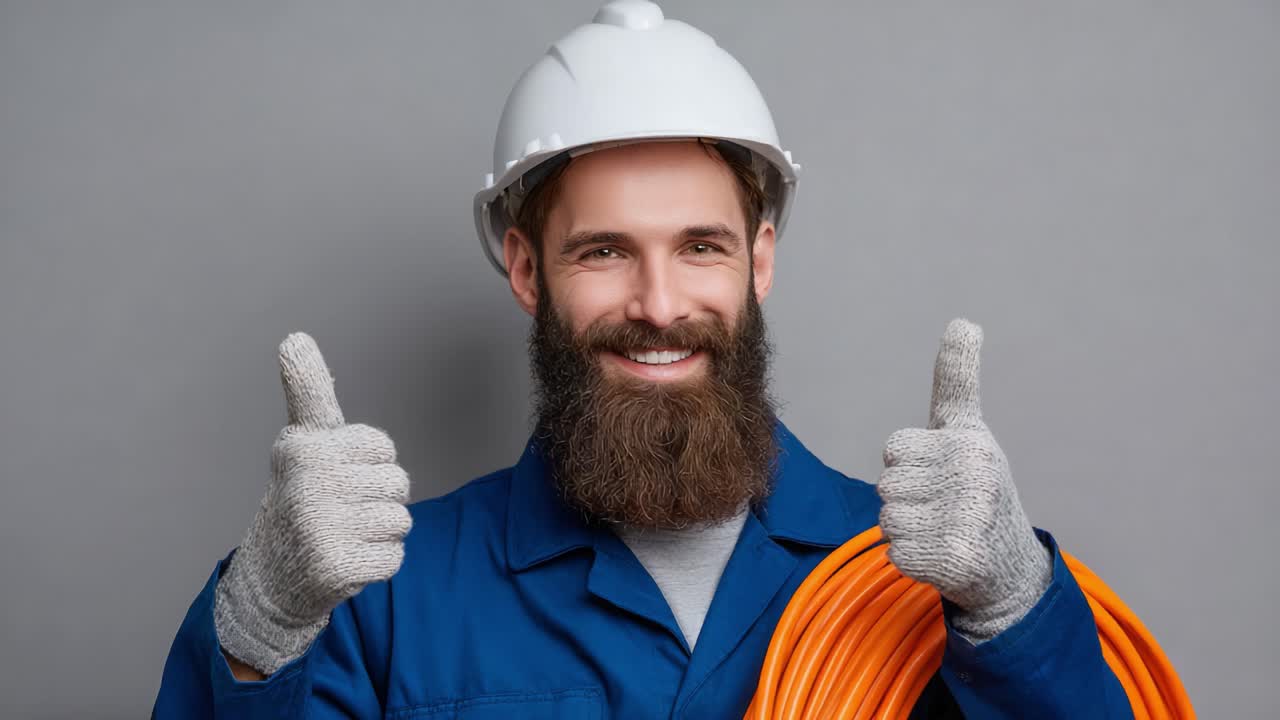 A confident worker wearing safety gear and gloves proudly giving a thumbs up while holding an orange electrical cable, showcasing positivity and professionalism in the workplace