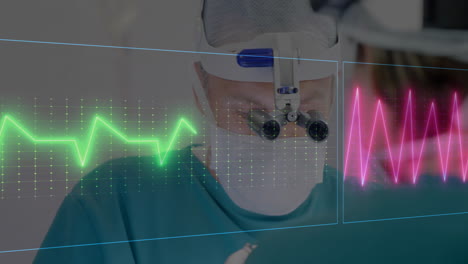 animation of colourful cardiograph over caucasian surgeons with face masks in operating room