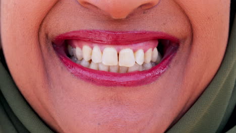 smile, happy and closeup of mouth of muslim woman