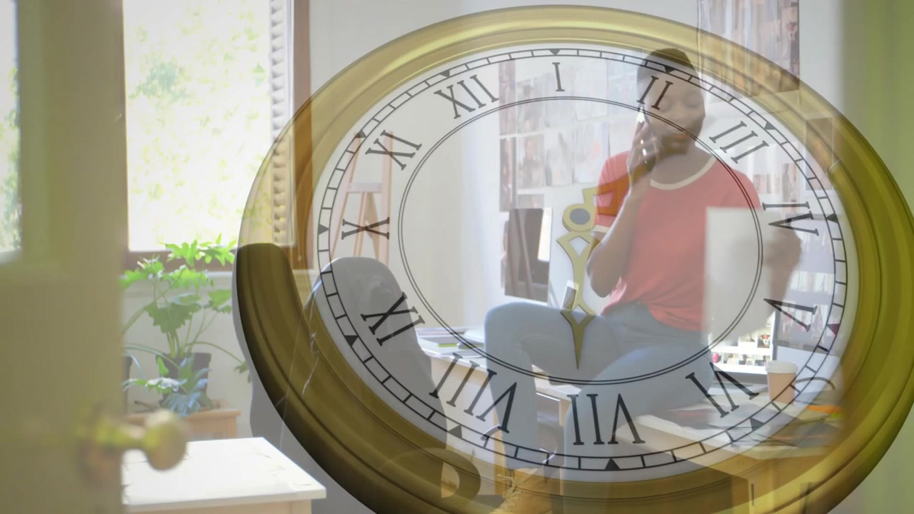 Clock ticking driving woman handling business call while coworker tapping smartphone sharing file