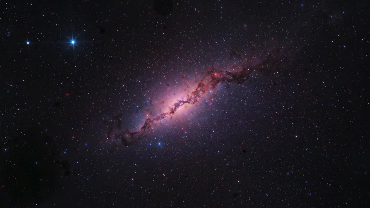 Frames showing elongated galaxy brightening to reveal dust lane in deep space with blue star