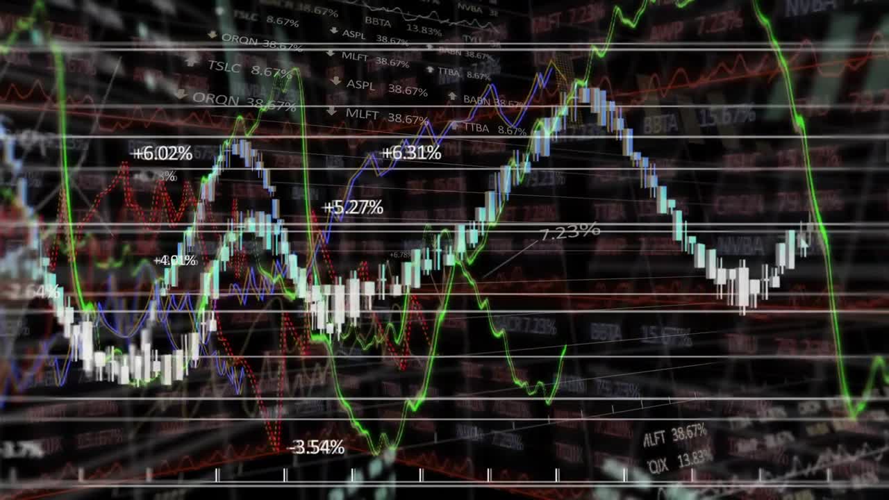 Animation af en børsskærm med tal og grafer over dataregistrering i baggrunden.
