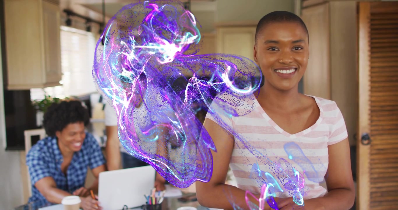 Team member initiating purple-blue energy cloud over chest, illustrating tech collaboration concept