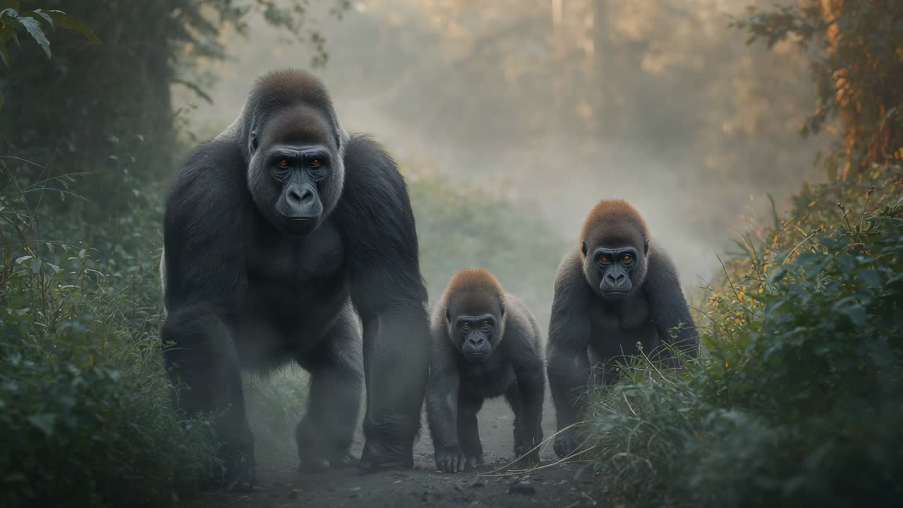 Walking adult male silverback leading two juvenile gorillas along misty forest path, soft backlight