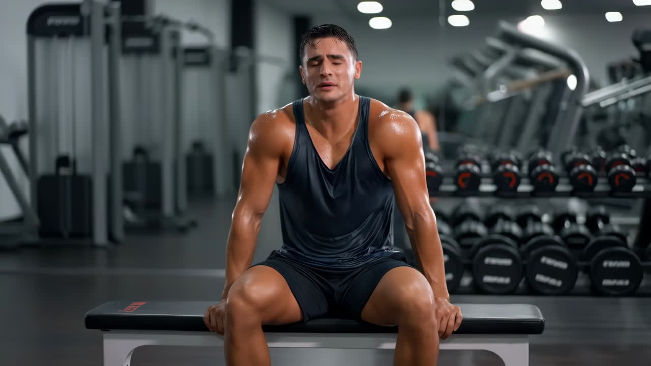 A man exhausted and sweating after an intense gym workout