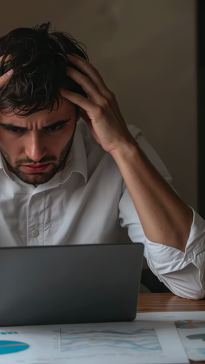 Video verticale: un uomo in camicia bianca si massaggia le tempie mentre legge grafici su un portatile alla scrivania, mostrando segni di stress