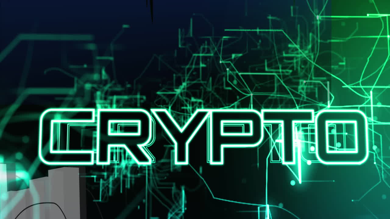 Animation of crypto currency text and financial data processing