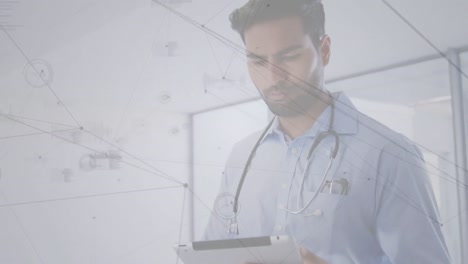 animación de la red de conexiones a través de un médico masculino biracial que usa una tableta