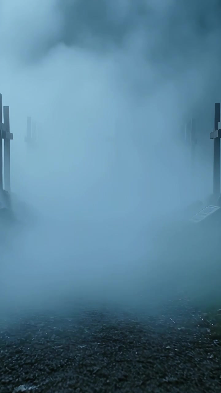 Vertikal video: Tæt tågebanke vælter indad langs en grussti ved daggry, med træpæle.