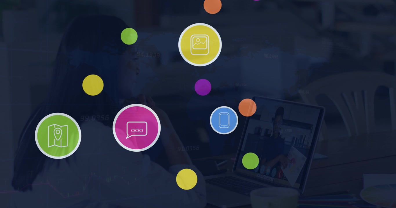 Woman on Video Call with Animated Social Media Icons and Global Data