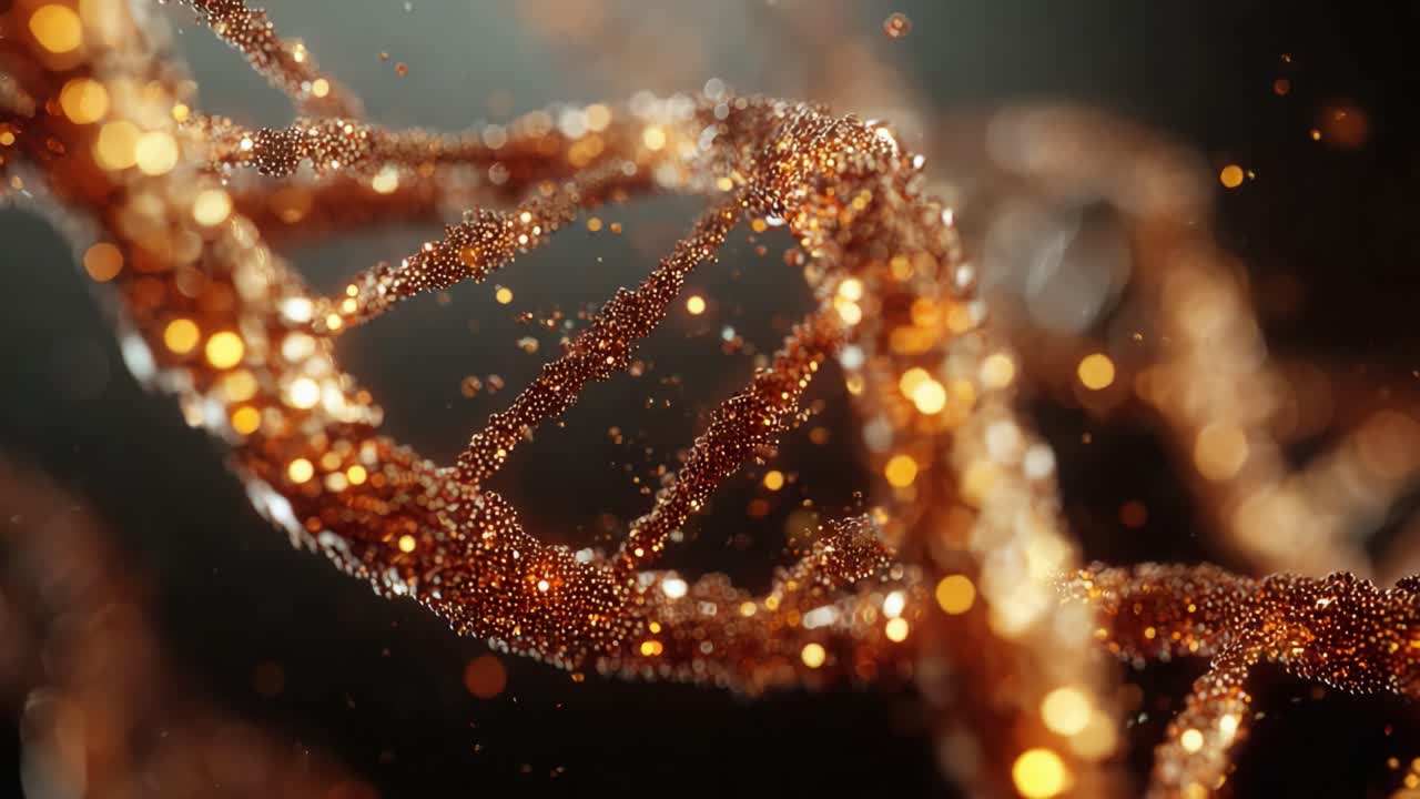 Un viaggio affascinante attraverso la struttura del DNA: esplorando la bellezza intricata del materiale genetico messa in risalto da particelle scintillanti in una straordinaria rappresentazione visiva.