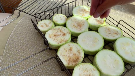 a person preparing raw vegetables, zucchini for cooking it on a grid and barbecue concept. spreading food ingredients on a grill and spicing them with red pepper, paprika and herbs