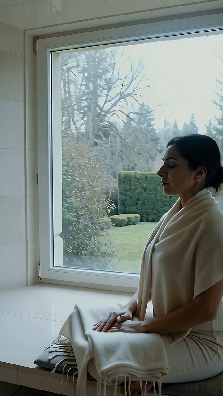 Vertical video: Placing throw woman in light top arranging throw on window nook to rest, copy space