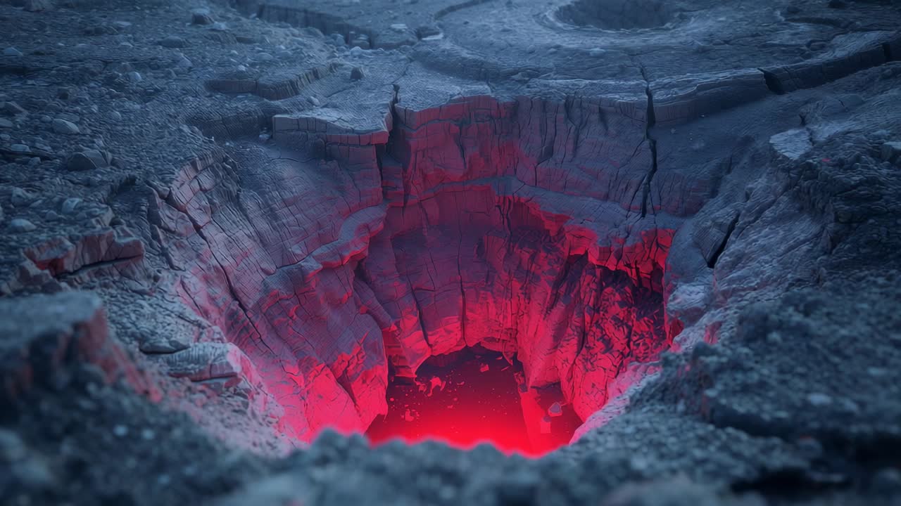 Noticing red glow, camera dollying down toward crater rim at volcanic plain, revealing molten core