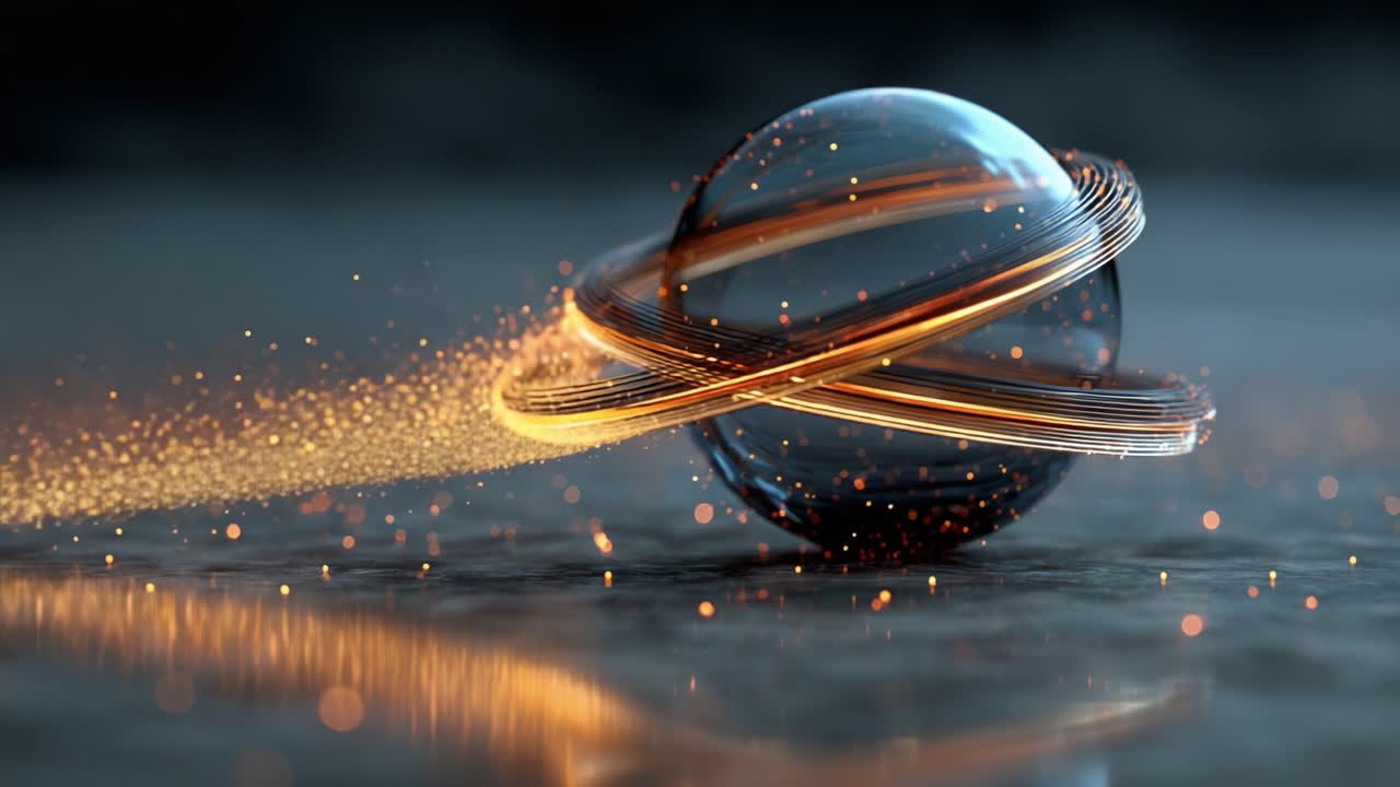 Una Sfera Orbitale Dinamica Circondata da Scintille e Scie Luminose, Che Mostra Movimento ed Energia in un'Accattivante Prospettiva Macro