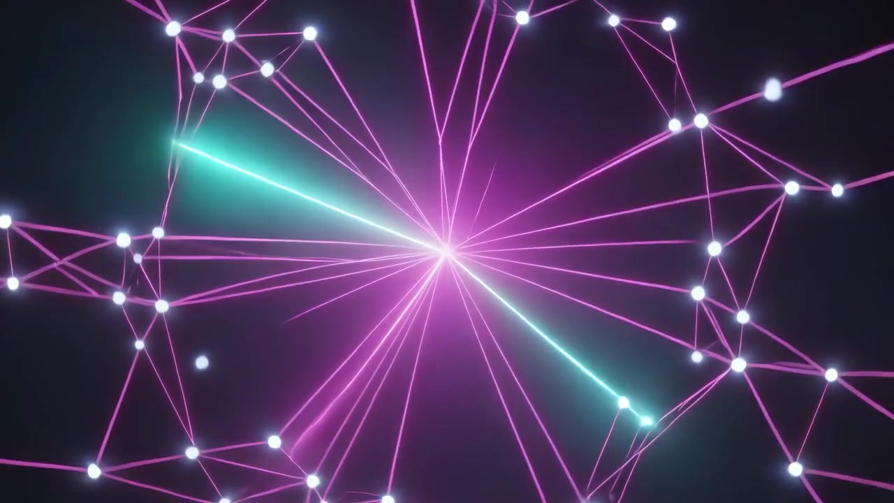 Nodo centrale magenta lampeggiante che emette un raggio e raggi ciano su un vuoto nero, energizzando nodi bianchi.