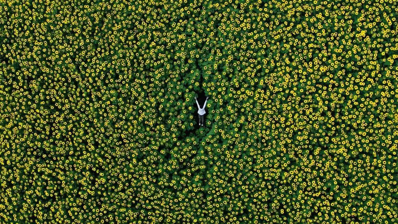 Vista aerea di una persona circondata da un vibrante campo di girasoli, cogliendo l'essenza della natura e della riflessione personale in un paesaggio rigoglioso e giallo.