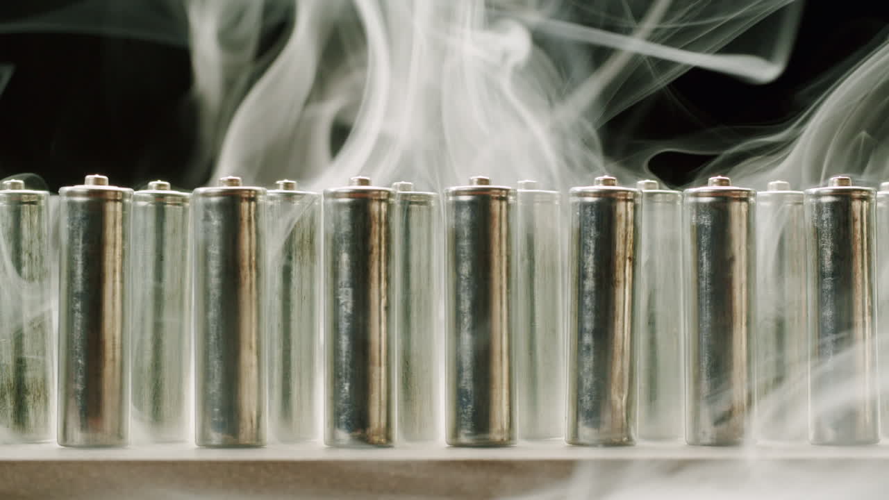 Silver batteries AA and AAA in hands on black background in smoking fog close-up. Double-A battery is a standard size single cell cylindrical dry battery. Batteries are common in portable electronic devices. An AA battery is composed of a single electrochemical cell that may be either a primary batt