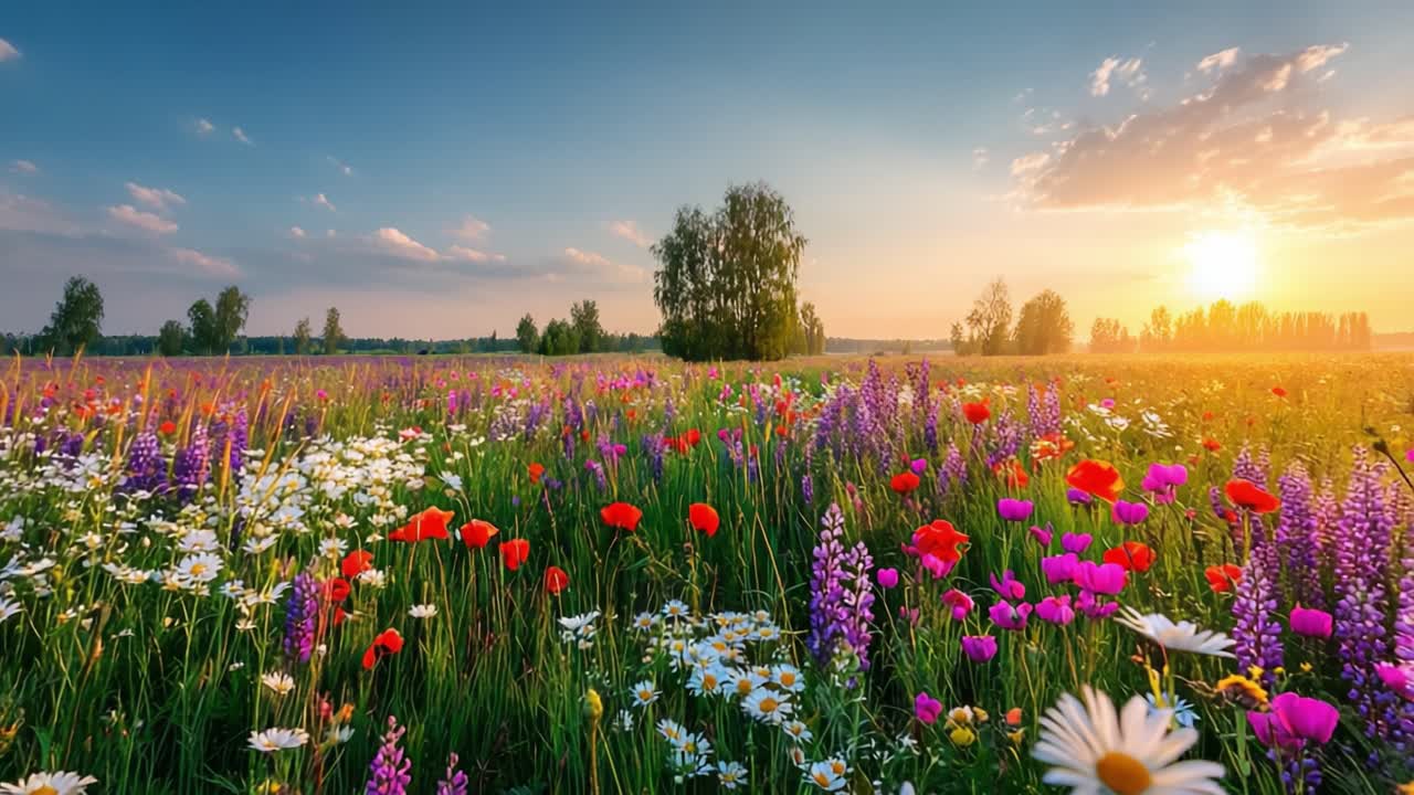 Uma paisagem floral deslumbrante banhada em luz dourada ao pôr do sol, exibindo flores silvestres vibrantes e vegetação exuberante em um cenário natural sereno.