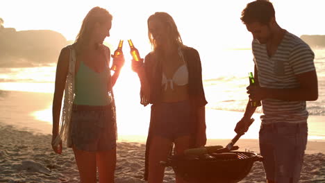 smiling friends having barbecue