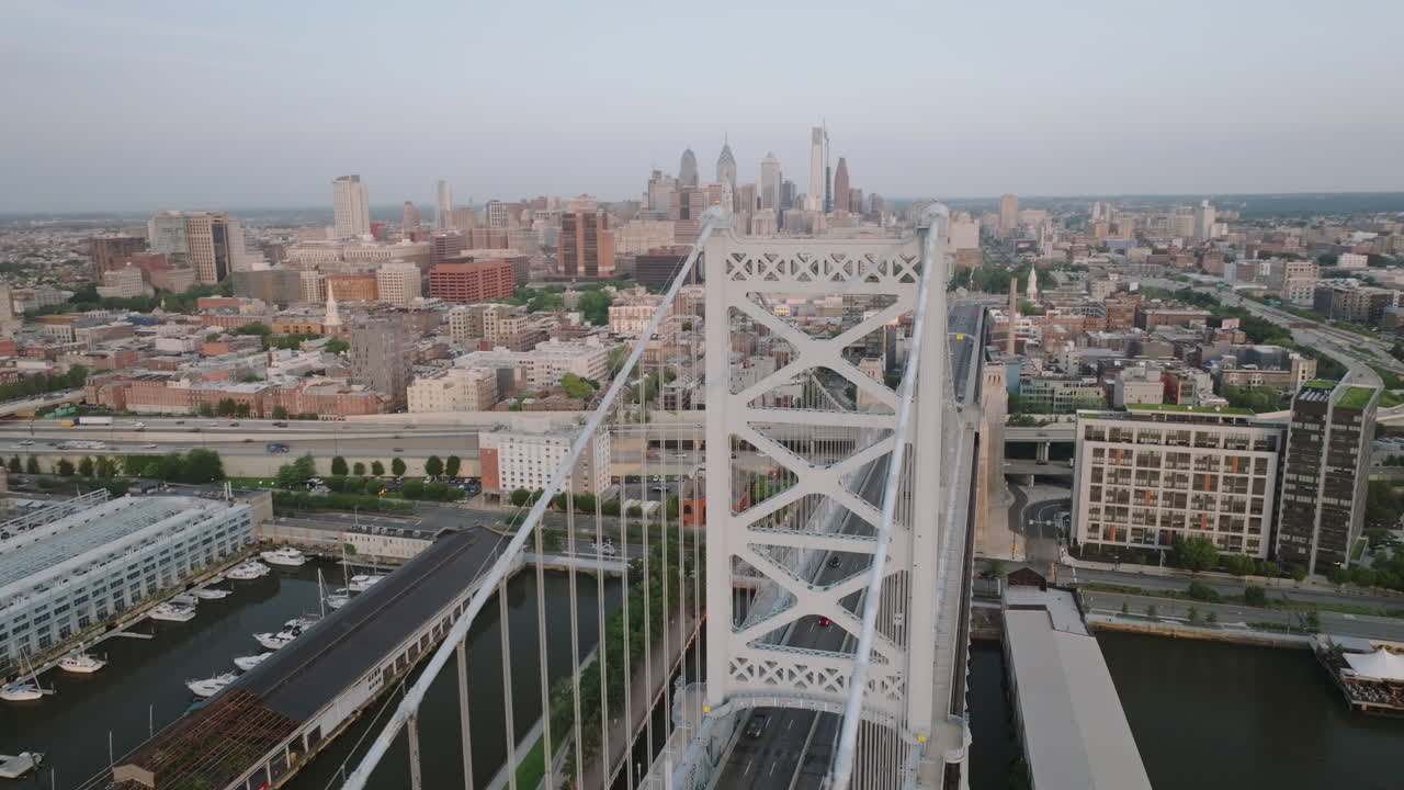 Aerial view of Philadelphia and the Ben Franklin Bridge. Shot at sunrise on a summer morning