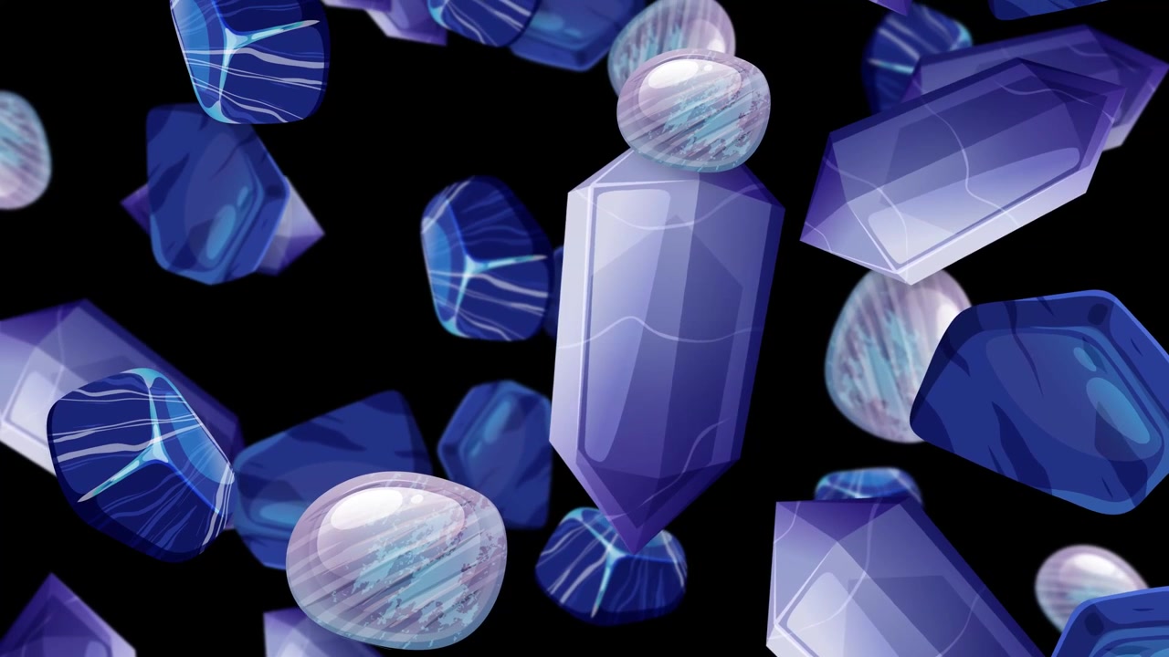 Stylized blue crystals and smooth gemstones fall vertically against a dark black background.