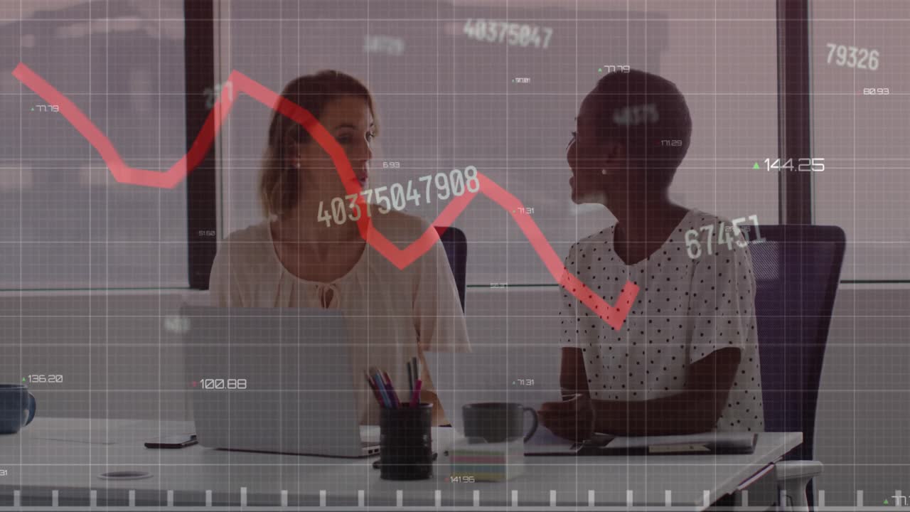 Animation of statistical data processing against two diverse women discussing at office