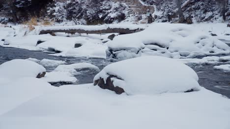 Cold-Winter-Day-in-Mountains,-Creek-and-Snow-Capped-Fields-and-Trunk