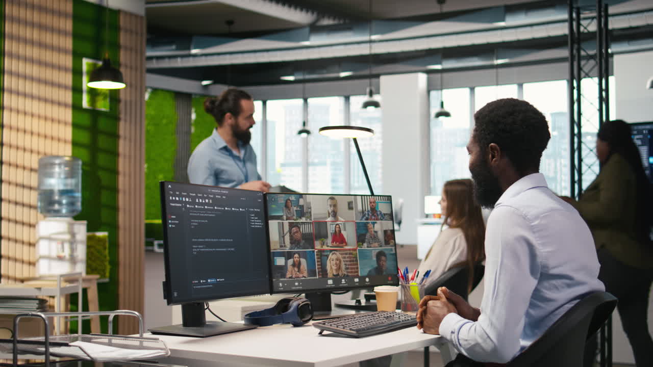 Tech Startup Office Team Collaborating Via Videocall, Doing Brainstorming