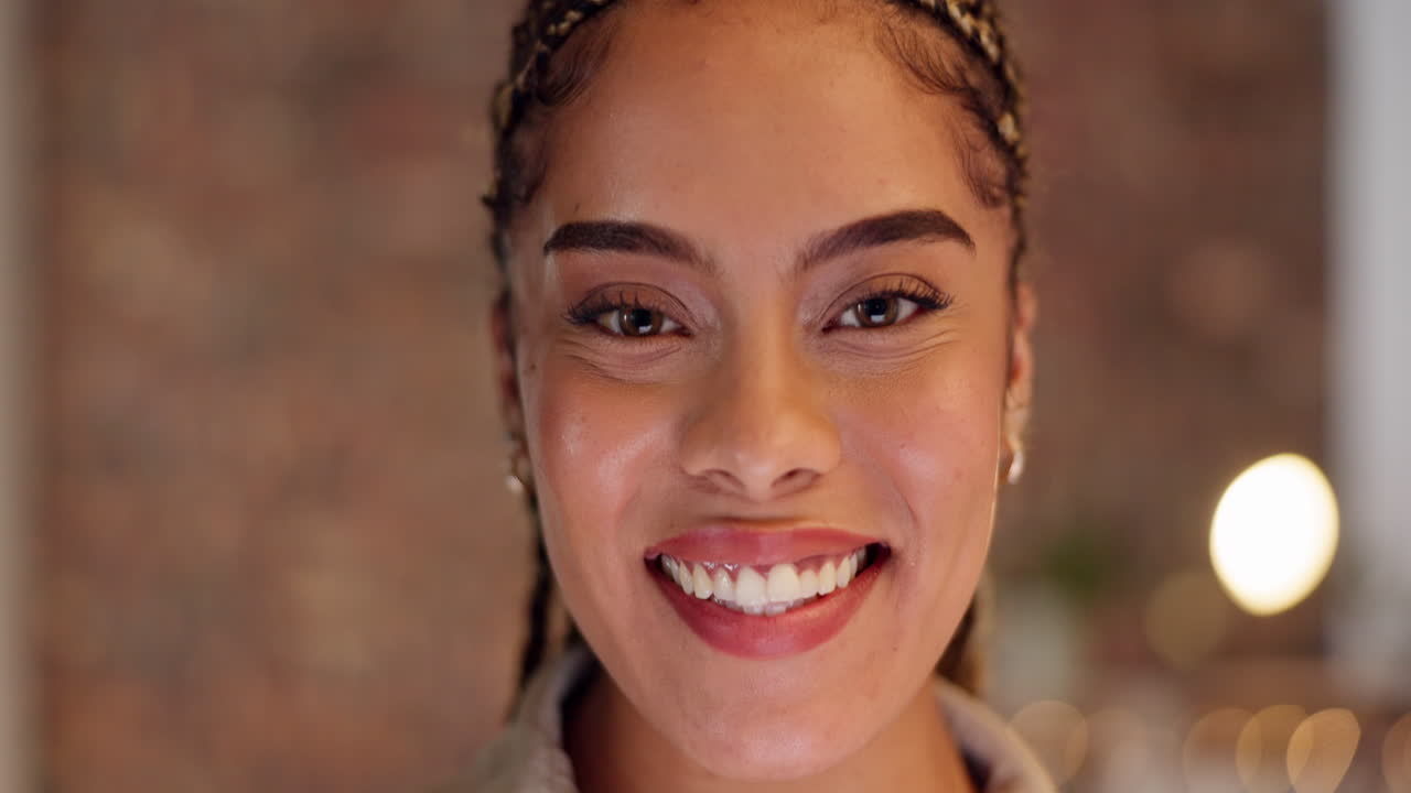 Noite, feliz e sorriso com mulher negra no escritório