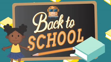 Animation-of-back-to-school-text-on-blackboard-over-school-items-icons-on-green-background