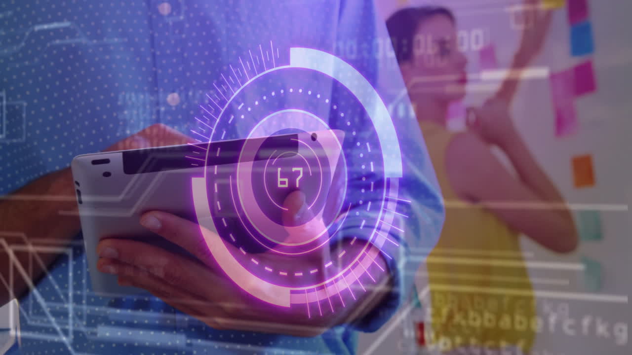 Holding tablet, person viewing animation of futuristic data visualization interface