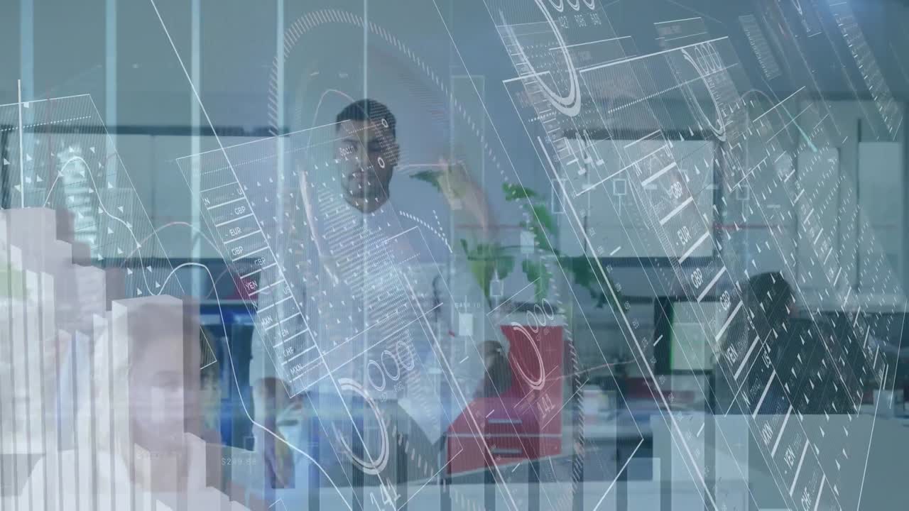 Animation of financial data processing over diverse people working at office